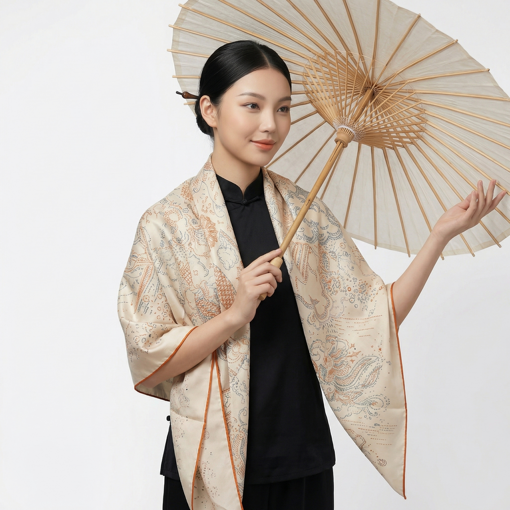 Shu Brocade Shawl - 100% Mulberry Silk | Hand-Cut, Soft & Versatile 140×140cm, modern pattern