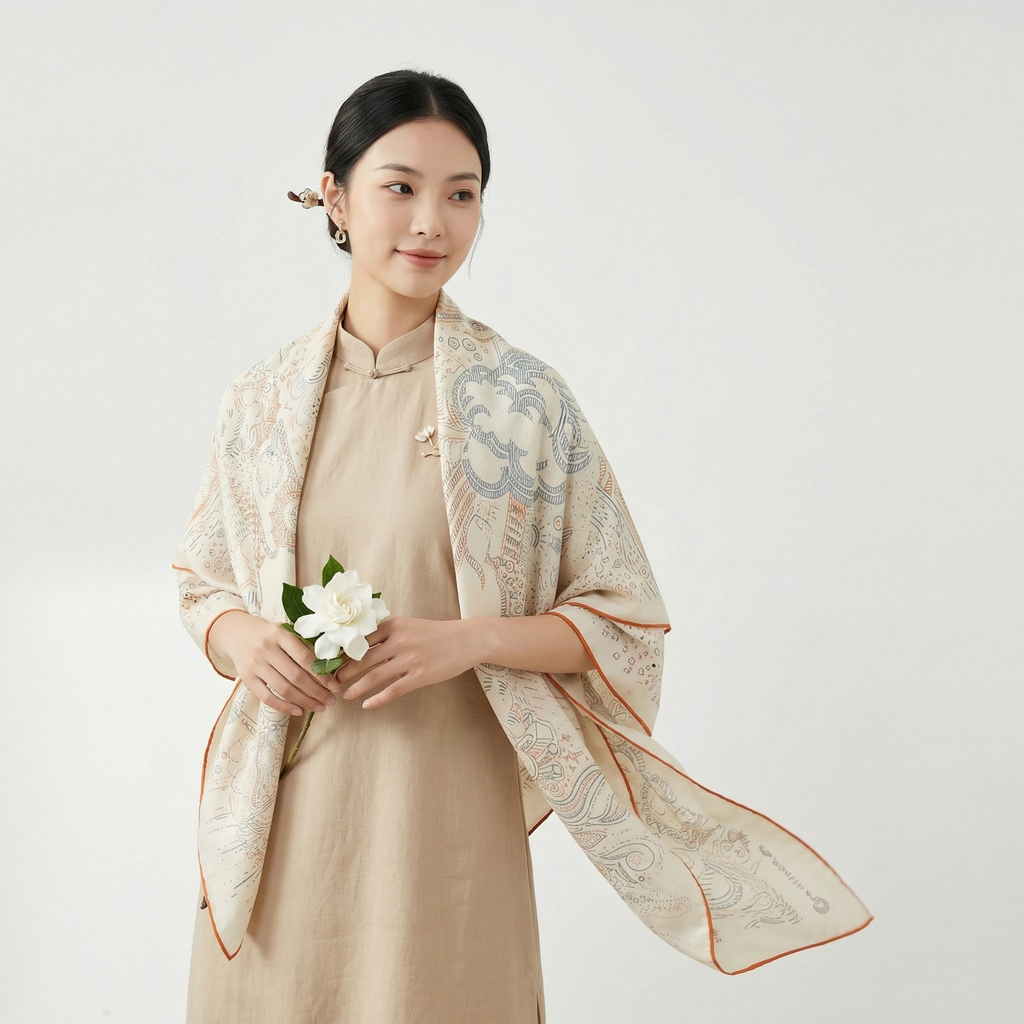 Shu Brocade Shawl - 100% Mulberry Silk | Hand-Cut, Soft & Versatile 140×140cm, modern pattern