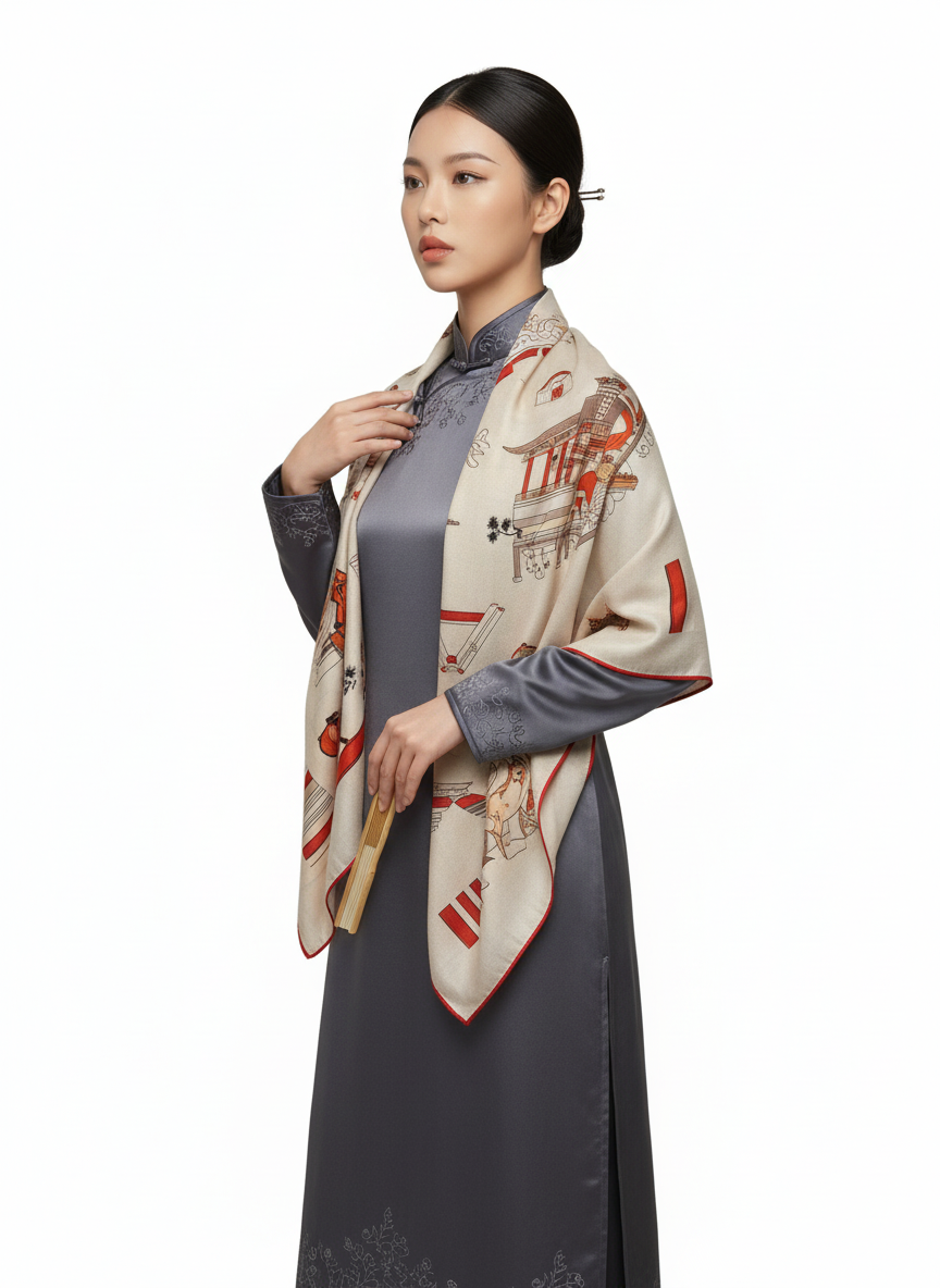 Shu Brocade Shawl - 100% Mulberry Silk | Hand-Cut, Soft & Versatile 140×140cm, modern pattern