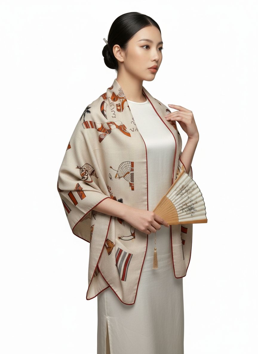 Shu Brocade Shawl - 100% Mulberry Silk | Hand-Cut, Soft & Versatile 140×140cm, modern pattern