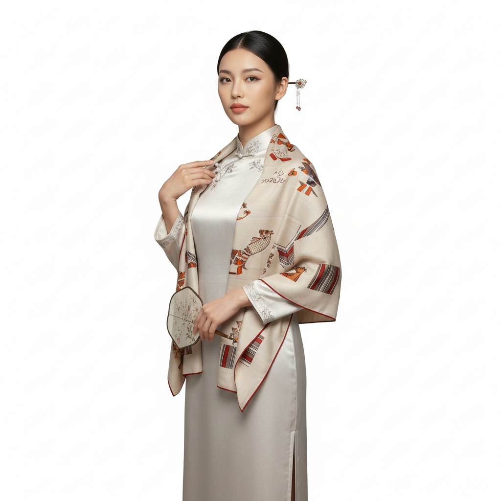 Shu Brocade Shawl - 100% Mulberry Silk | Hand-Cut, Soft & Versatile 140×140cm, modern pattern