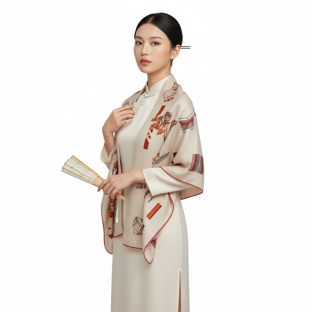 Shu Brocade Shawl - 100% Mulberry Silk | Hand-Cut, Soft & Versatile 140×140cm, modern pattern