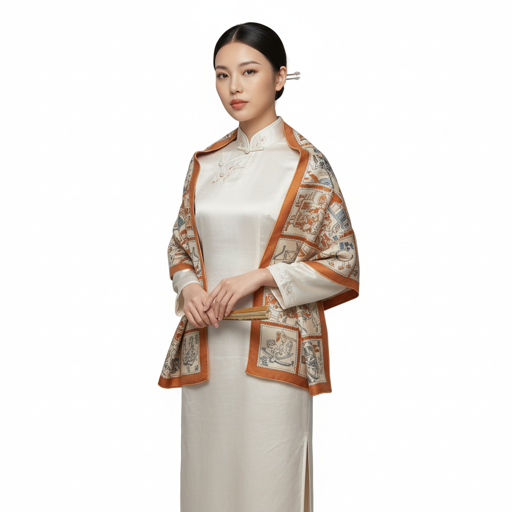 Shu Brocade Shawl - 100% Mulberry Silk | Hand-Cut, Soft & Versatile 140×140cm, modern pattern