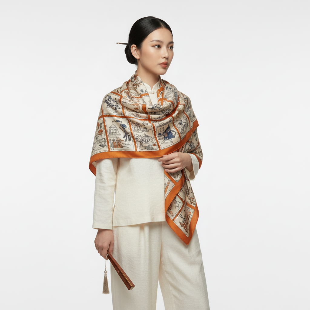 Shu Brocade Shawl - 100% Mulberry Silk | Hand-Cut, Soft & Versatile 140×140cm, modern pattern