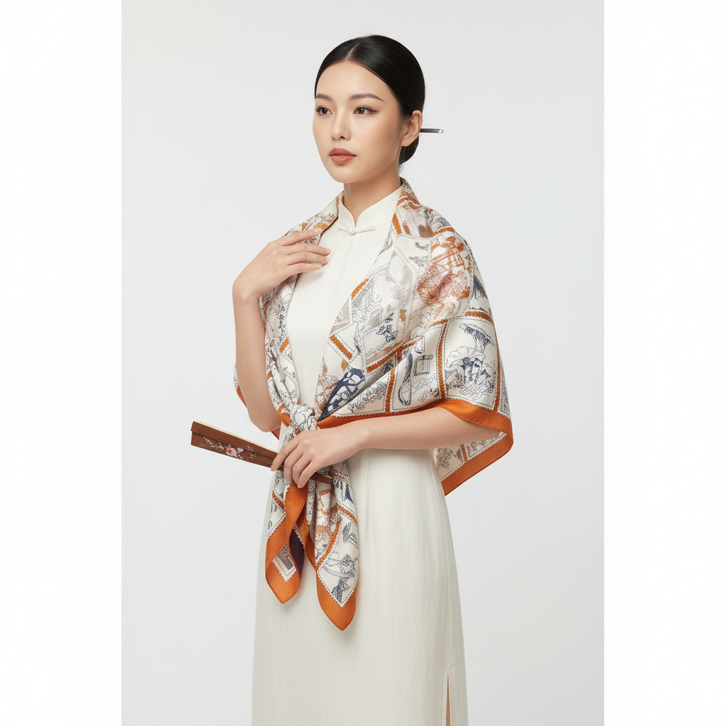 Shu Brocade Shawl - 100% Mulberry Silk | Hand-Cut, Soft & Versatile 140×140cm, modern pattern