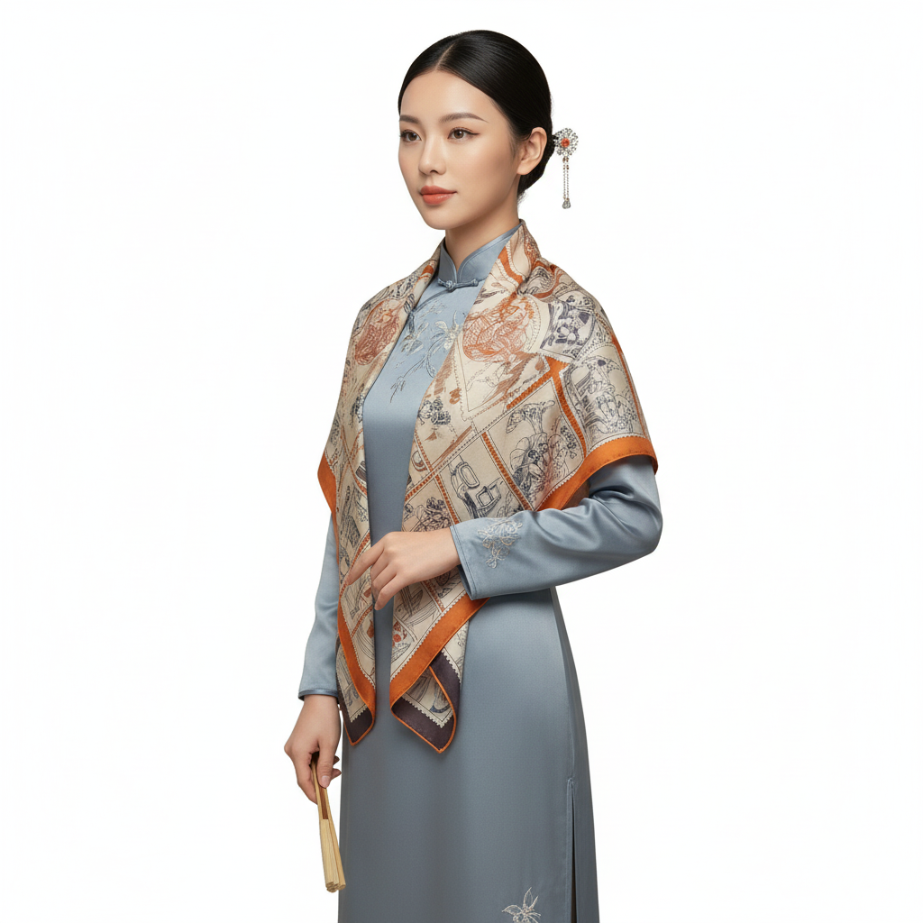 Shu Brocade Shawl - 100% Mulberry Silk | Hand-Cut, Soft & Versatile 140×140cm, modern pattern