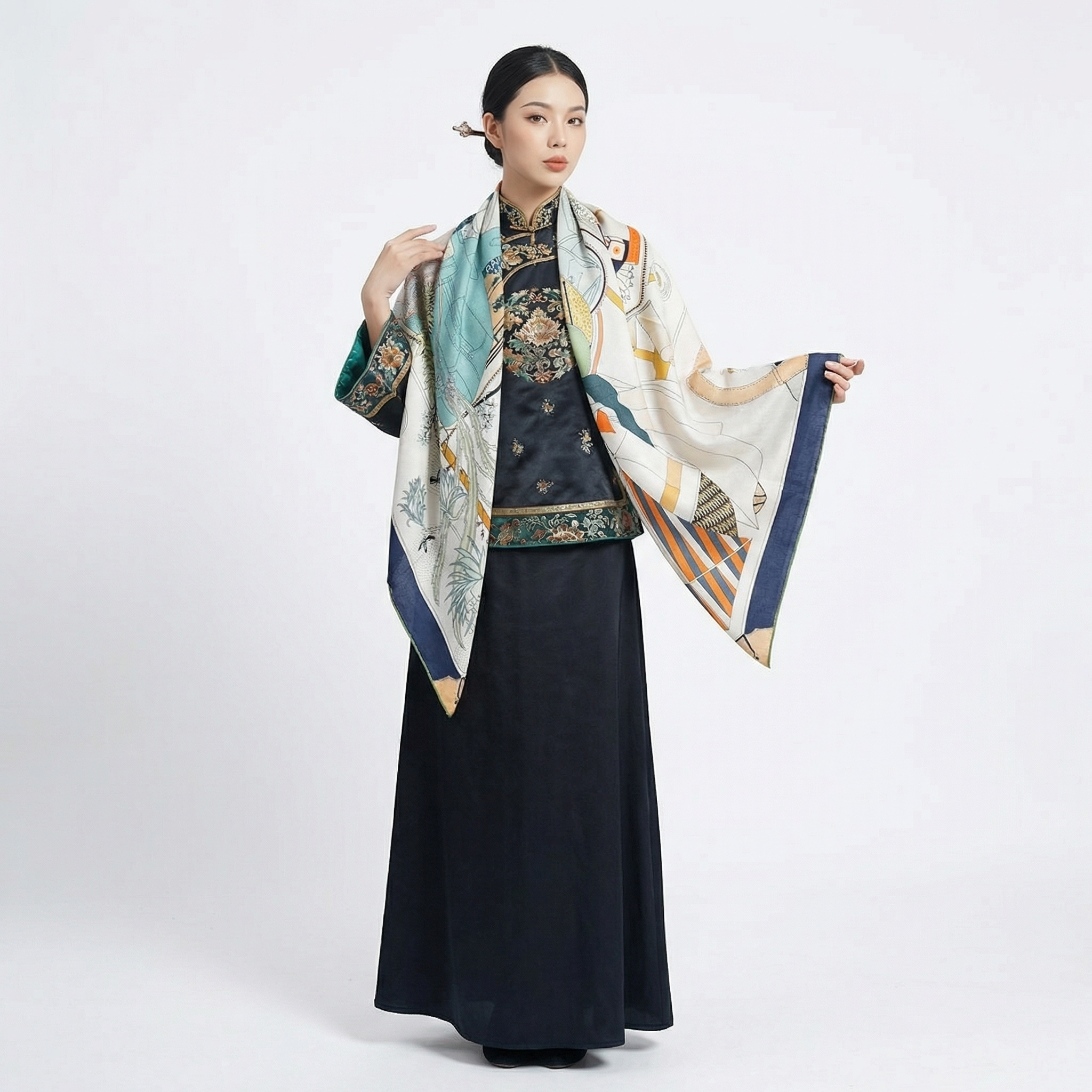 Shu Brocade Shawl - 100% Mulberry Silk | Hand-Cut, Soft & Versatile 140×140cm, modern pattern