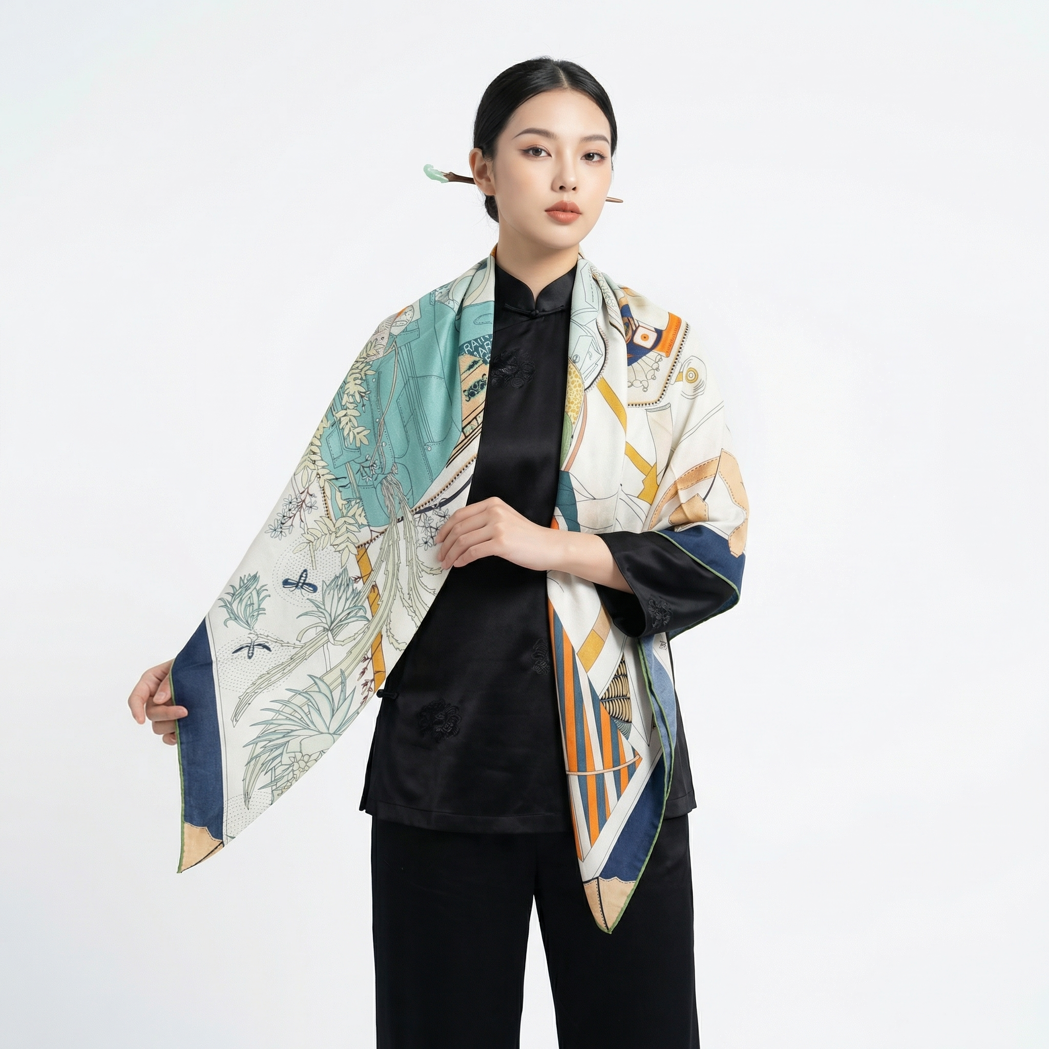 Shu Brocade Shawl - 100% Mulberry Silk | Hand-Cut, Soft & Versatile 140×140cm, modern pattern