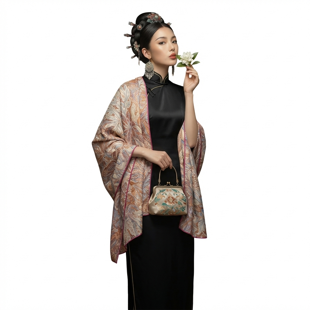 Shu Brocade Shawl - 100% Mulberry Silk | Hand-Cut, Soft & Versatile 140×140cm, modern pattern