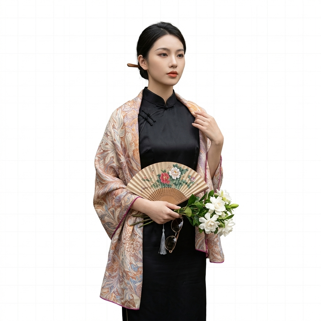 Shu Brocade Shawl - 100% Mulberry Silk | Hand-Cut, Soft & Versatile 140×140cm, modern pattern