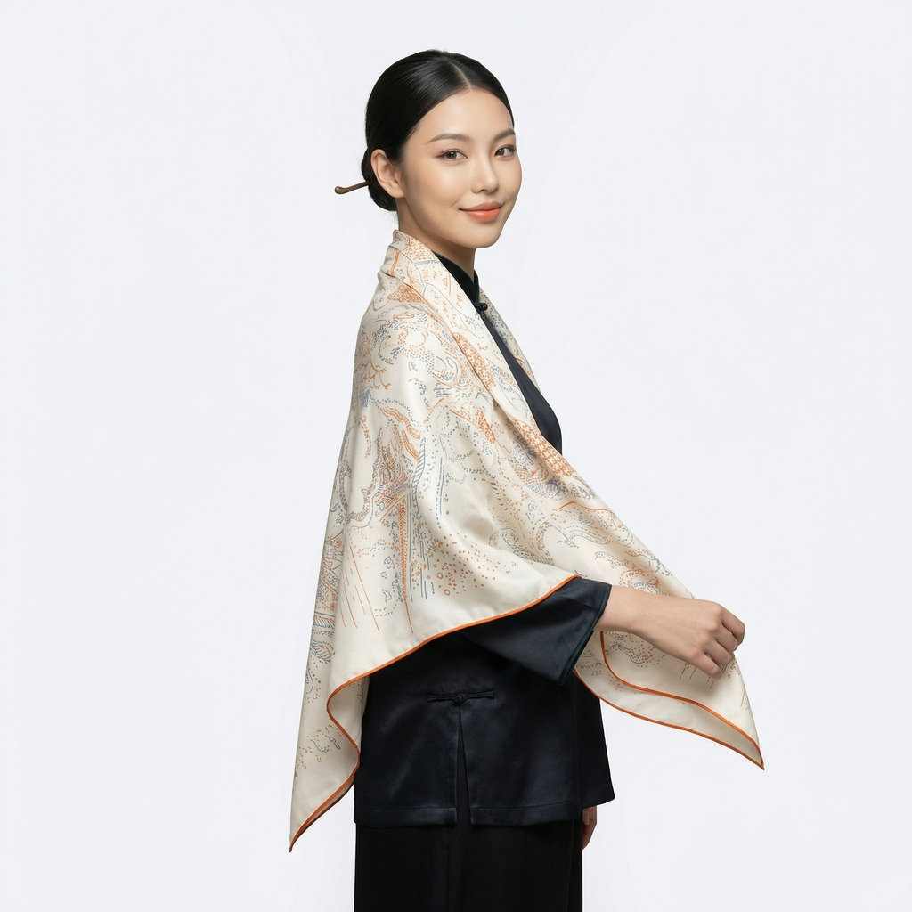 Shu Brocade Shawl - 100% Mulberry Silk | Hand-Cut, Soft & Versatile 140×140cm, modern pattern