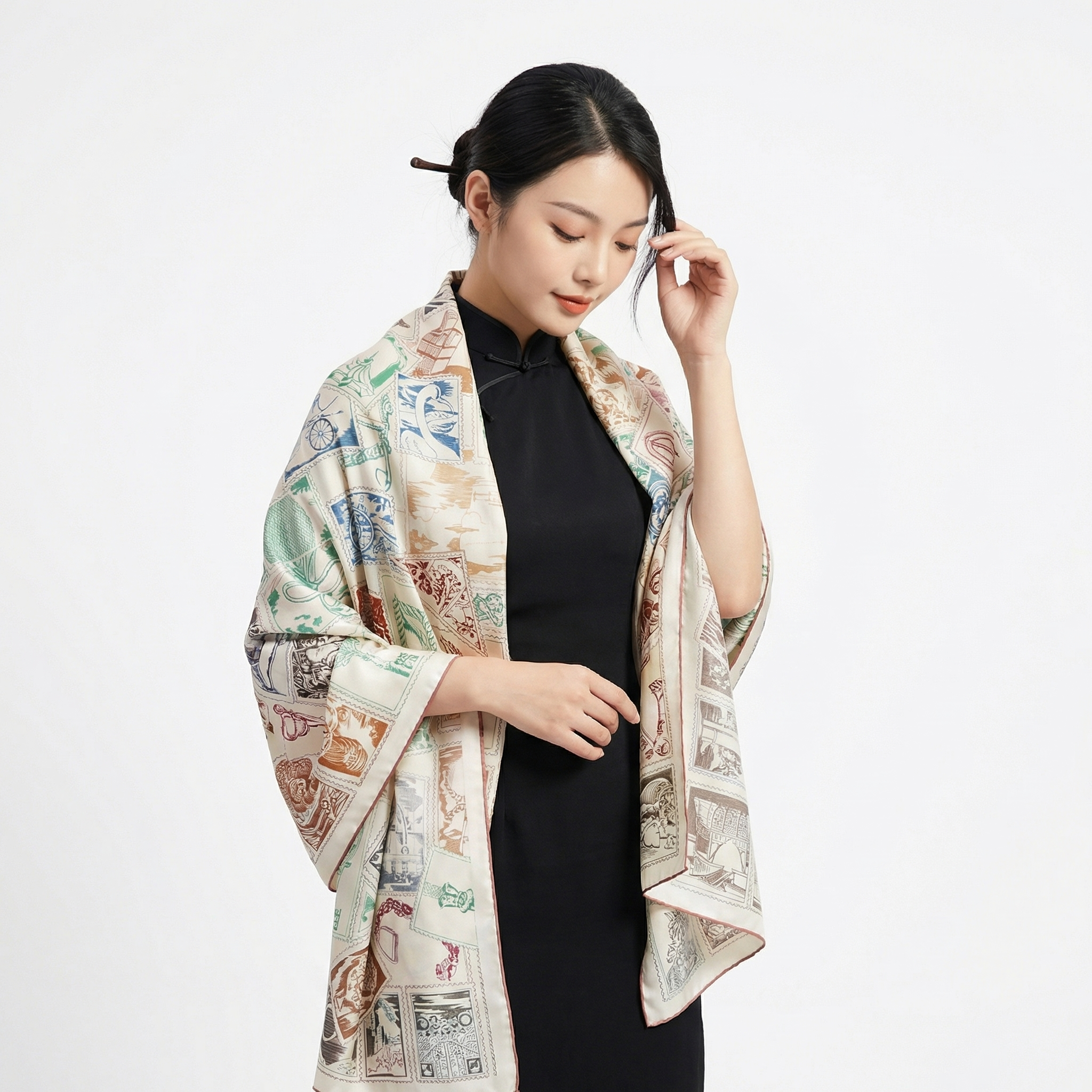 Shu Brocade Shawl - 100% Mulberry Silk | Hand-Cut, Soft & Versatile 140×140cm, modern pattern