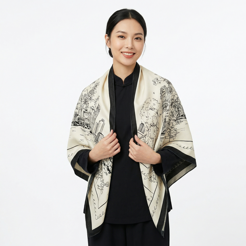 Shu Brocade Shawl - 100% Mulberry Silk | Hand-Cut, Soft & Versatile 140×140cm, modern pattern