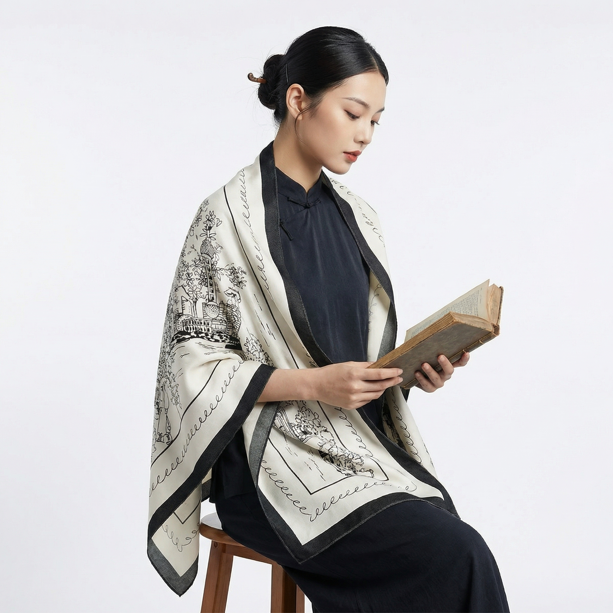 Shu Brocade Shawl - 100% Mulberry Silk | Hand-Cut, Soft & Versatile 140×140cm, modern pattern