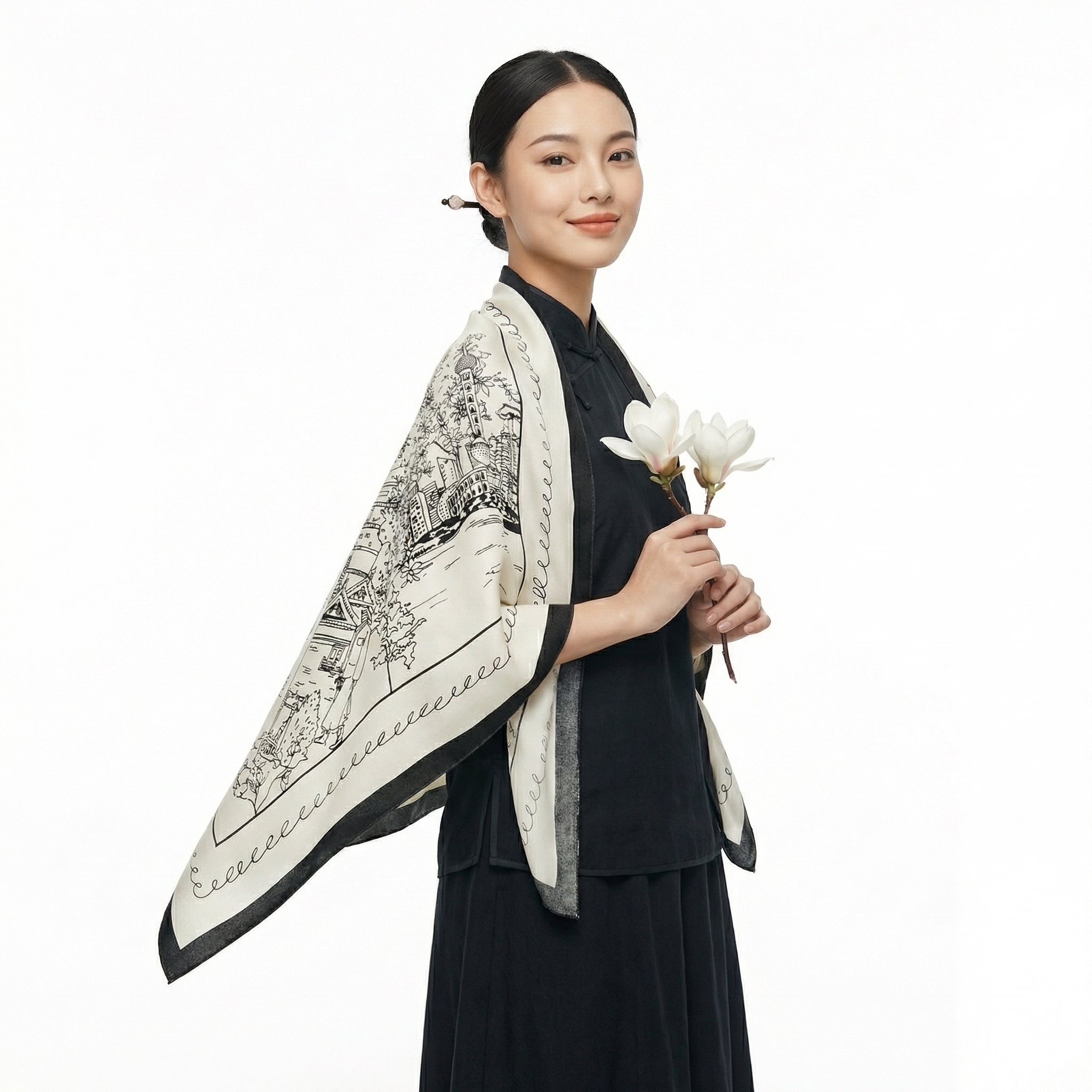 Shu Brocade Shawl - 100% Mulberry Silk | Hand-Cut, Soft & Versatile 140×140cm, modern pattern