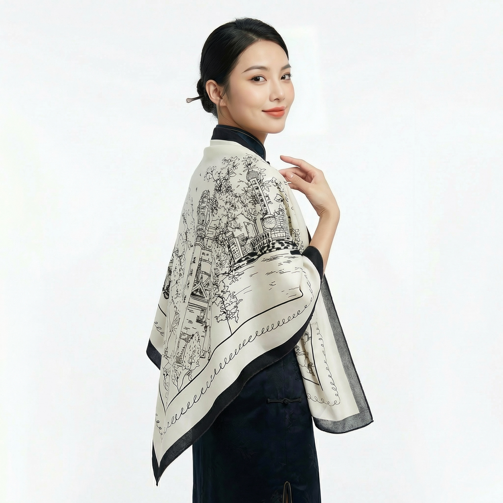 Shu Brocade Shawl - 100% Mulberry Silk | Hand-Cut, Soft & Versatile 140×140cm, modern pattern