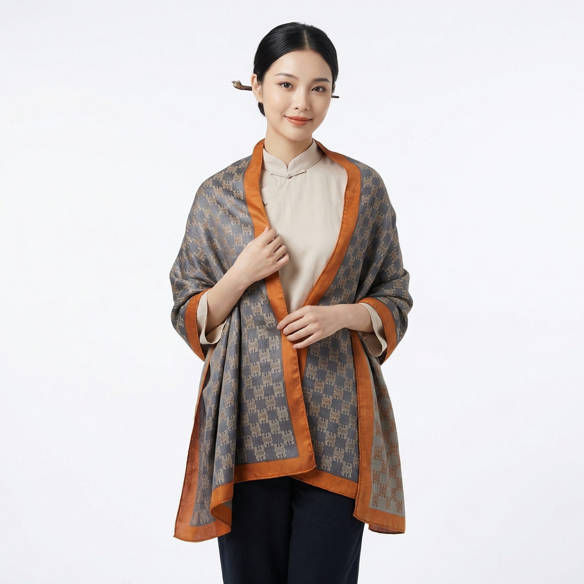 Shu Brocade Shawl - 100% Mulberry Silk | Hand-Cut, Soft & Versatile 140×140cm, modern pattern
