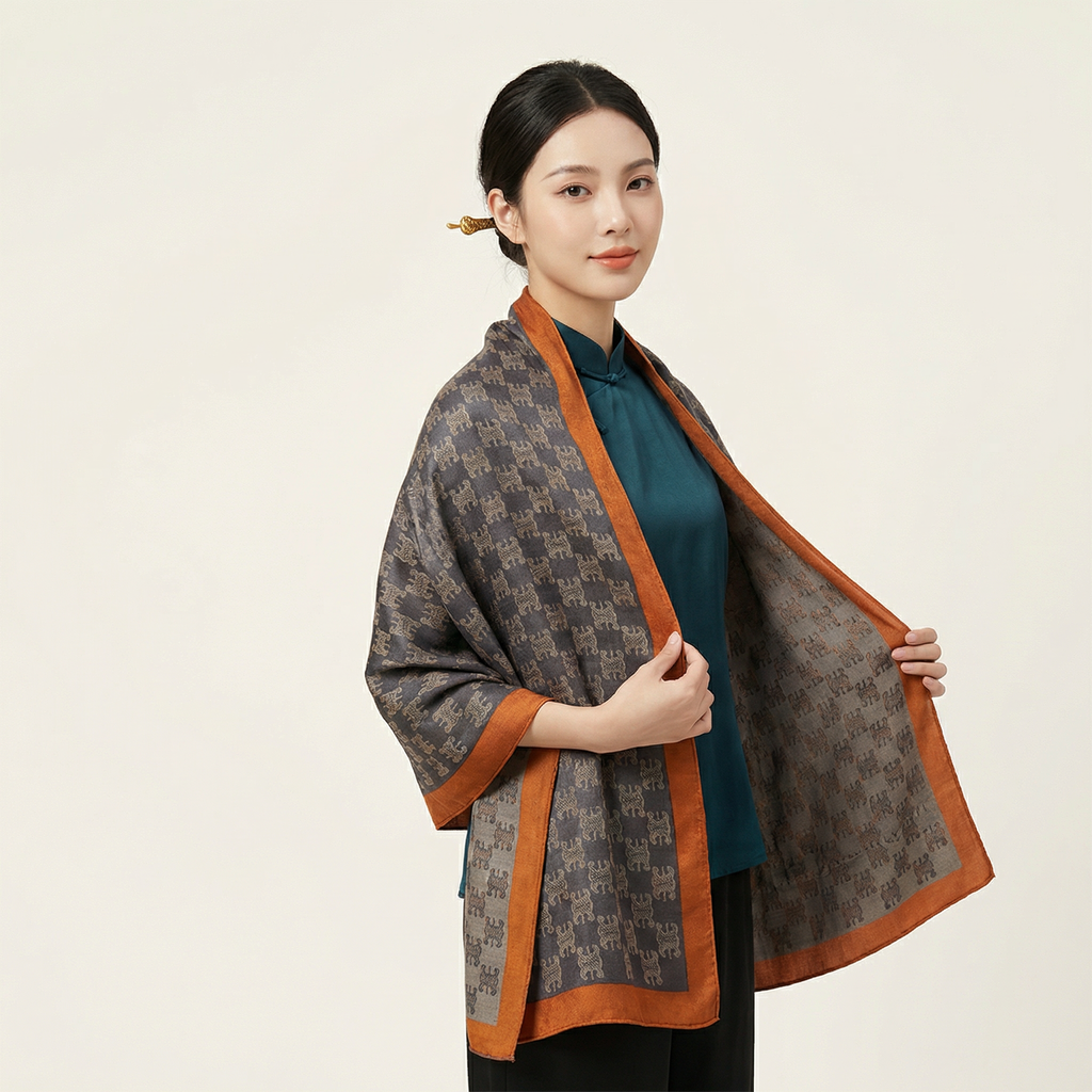 Shu Brocade Shawl - 100% Mulberry Silk | Hand-Cut, Soft & Versatile 140×140cm, modern pattern