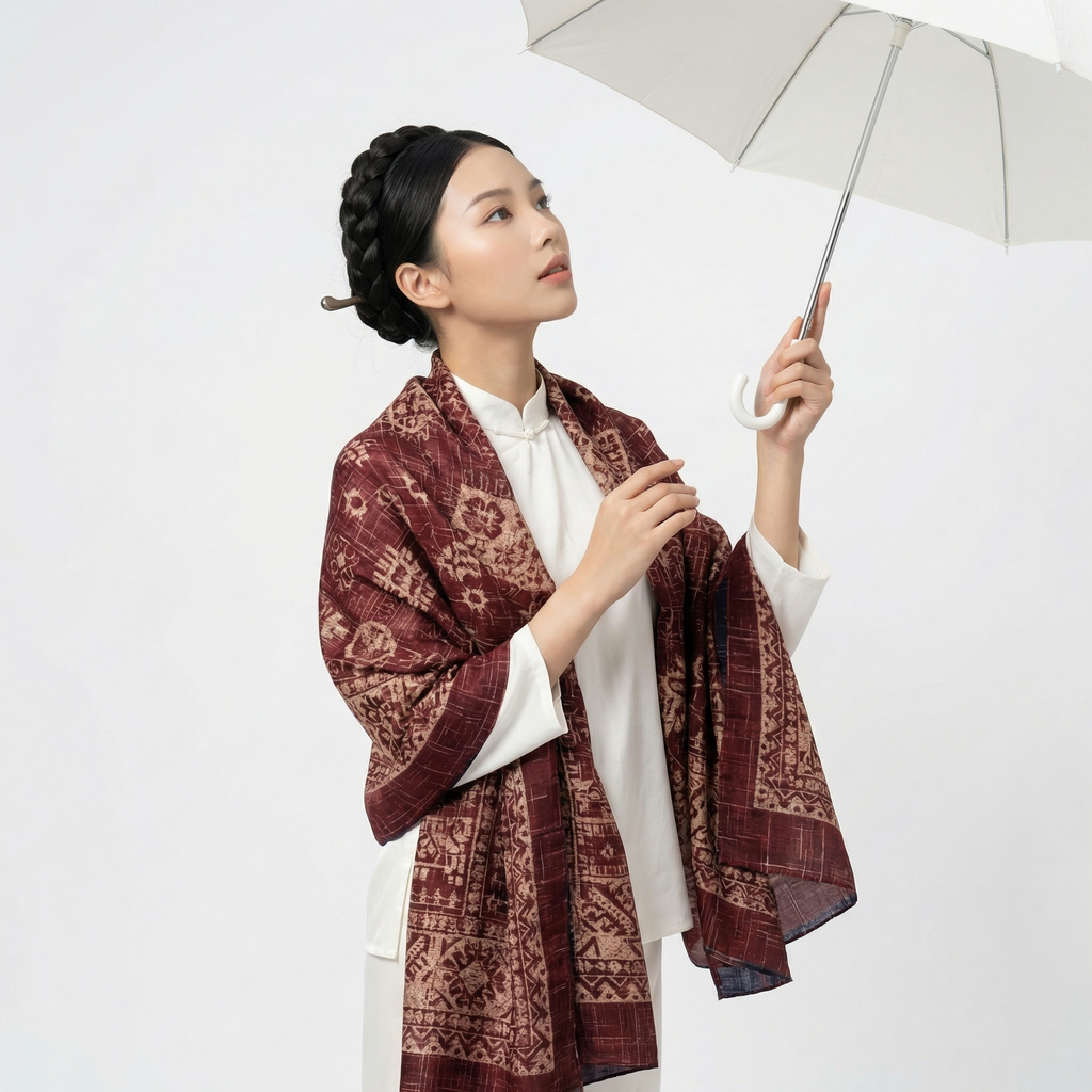 Shu Brocade Shawl - 100% Mulberry Silk | Hand-Cut, Soft & Versatile 140×140cm, modern pattern