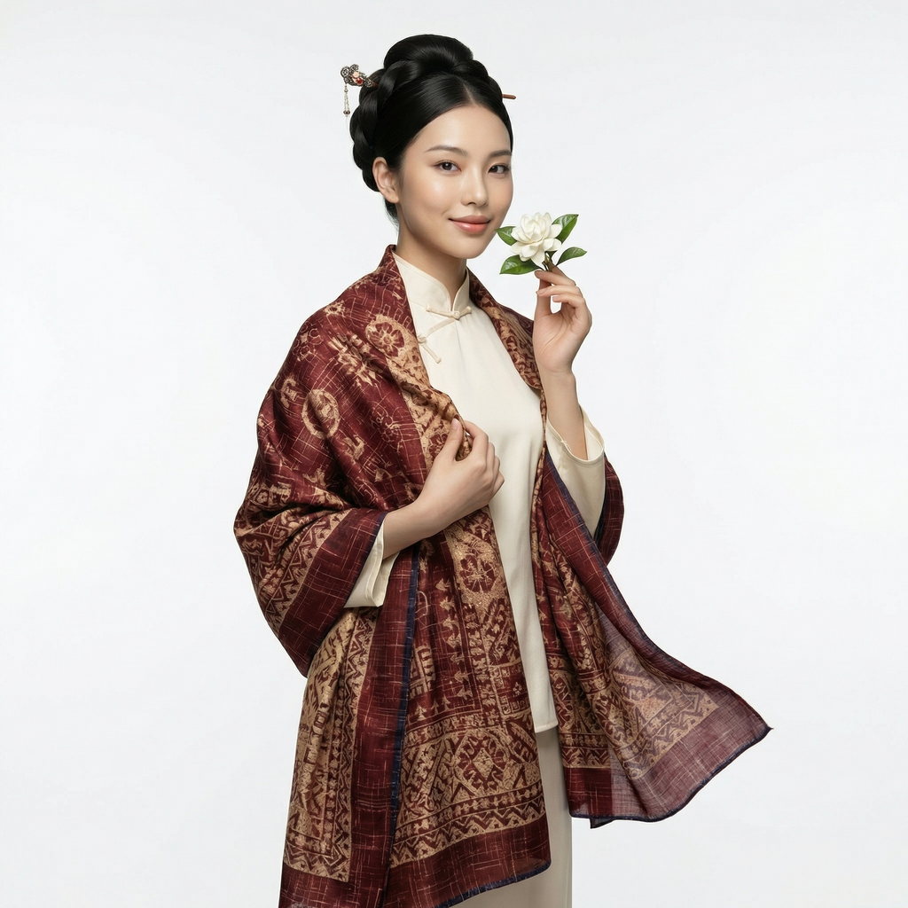 Shu Brocade Shawl - 100% Mulberry Silk | Hand-Cut, Soft & Versatile 140×140cm, modern pattern