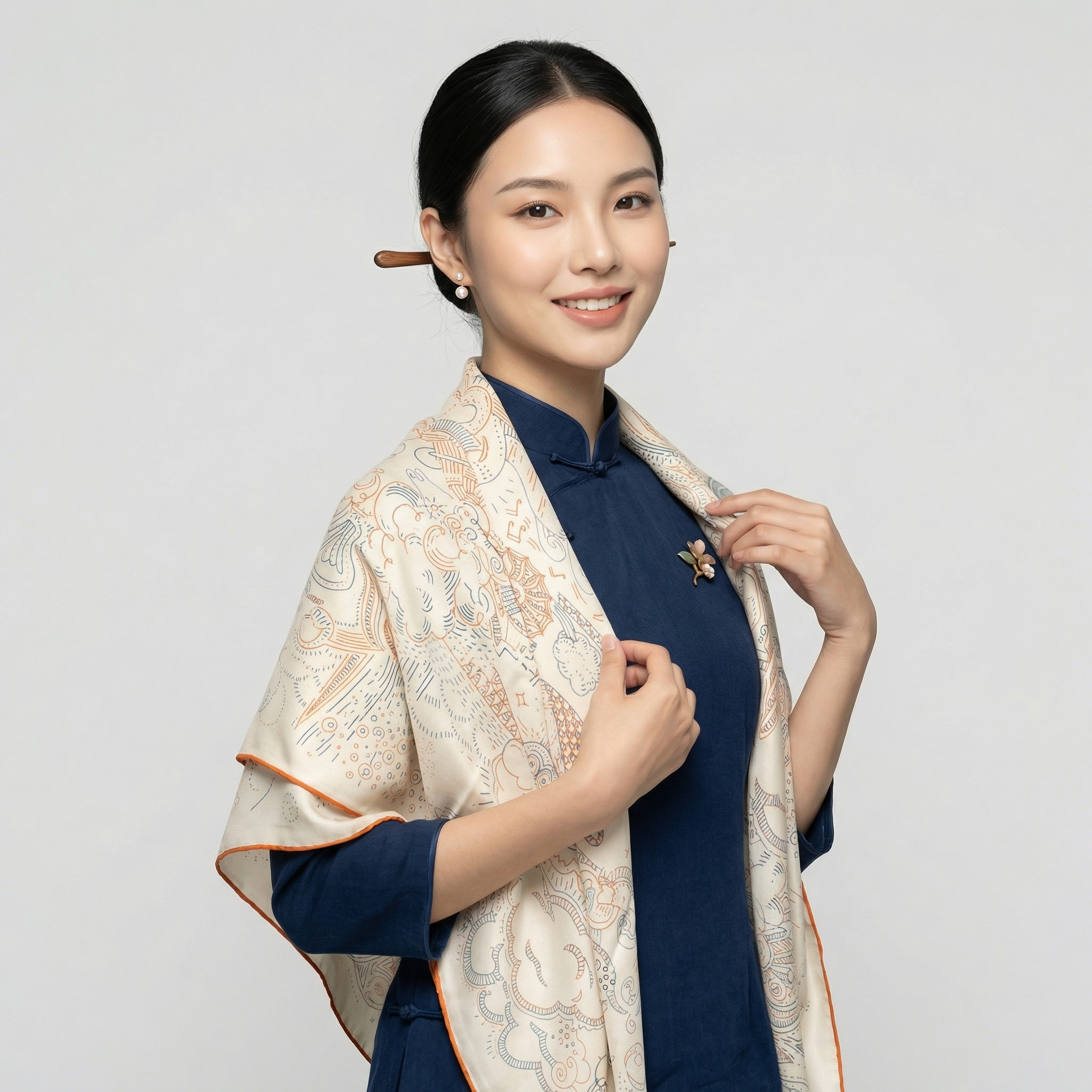 Shu Brocade Shawl - 100% Mulberry Silk | Hand-Cut, Soft & Versatile 140×140cm, modern pattern