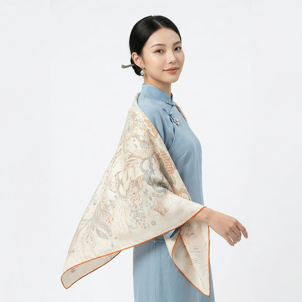 Shu Brocade Shawl - 100% Mulberry Silk | Hand-Cut, Soft & Versatile 140×140cm, modern pattern