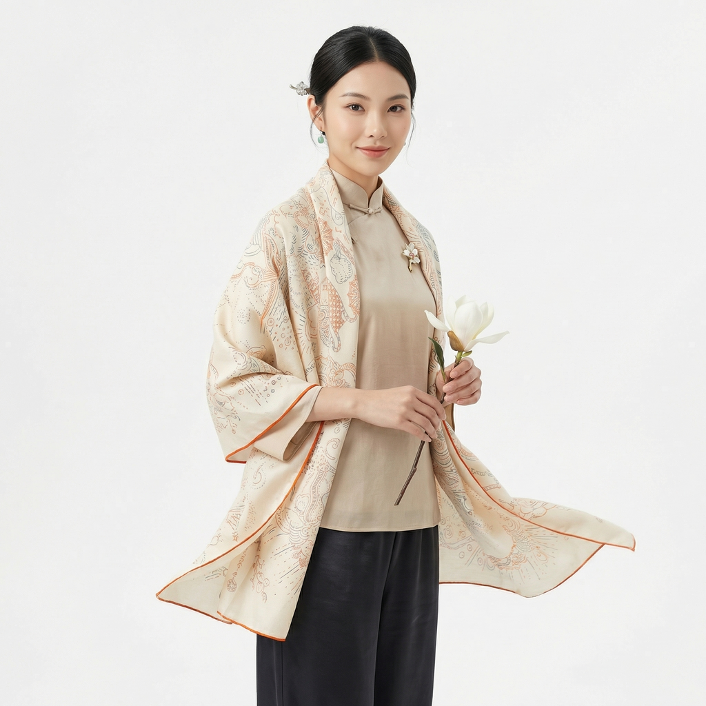 Shu Brocade Shawl - 100% Mulberry Silk | Hand-Cut, Soft & Versatile 140×140cm, modern pattern