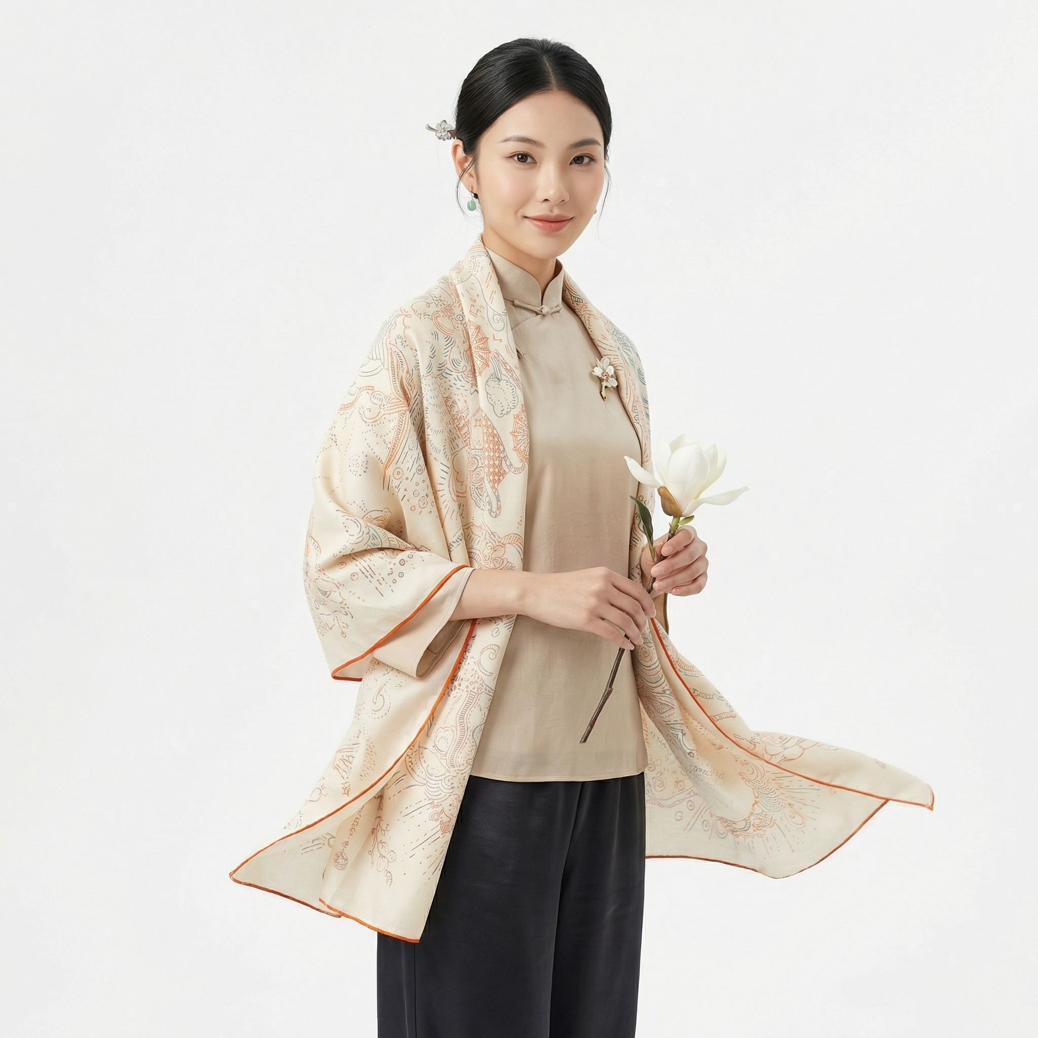 Shu Brocade Shawl - 100% Mulberry Silk | Hand-Cut, Soft & Versatile 140×140cm, modern pattern